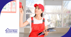 Female inspector in a red uniform testing a fire alarm system in a building during a safety inspection