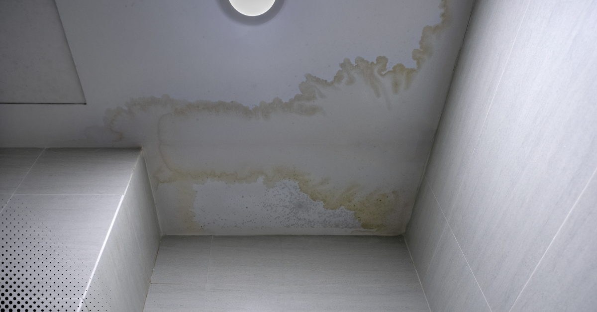 Water damage and mold stains on a bathroom ceiling due to moisture buildup.