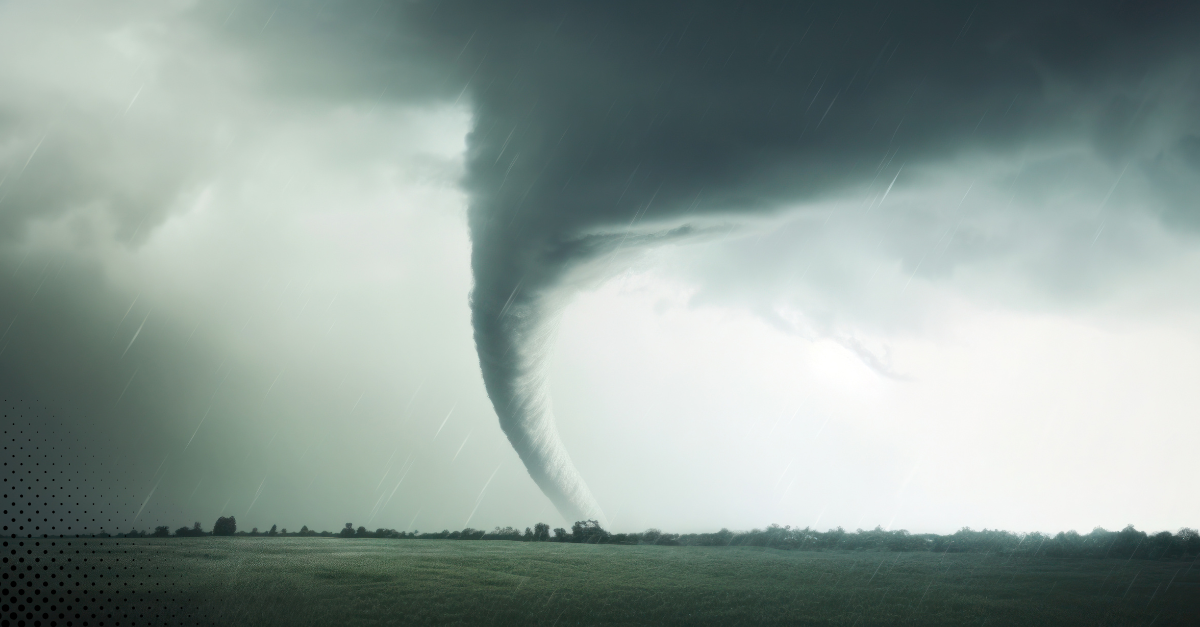 Powerful tornado forming in a stormy sky over a field.