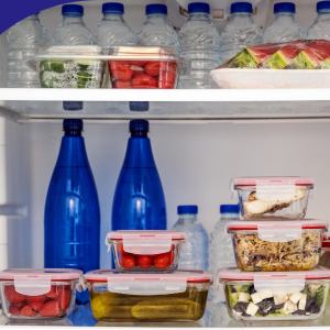 Refrigerator stocked with water bottles, fruits, and meals in food containers.