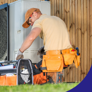 Technician servicing an outdoor HVAC unit.