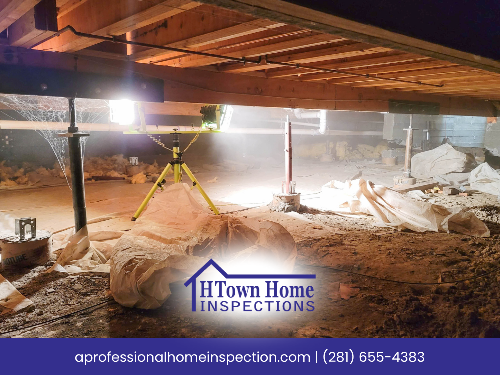 Home inspection of crawl space showing beams and pipes with bright lighting.