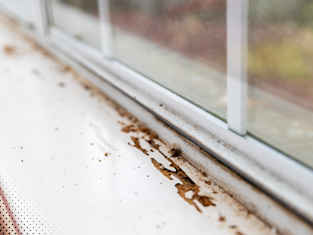 Mold buildup along the edge of a window sill with visible debris.