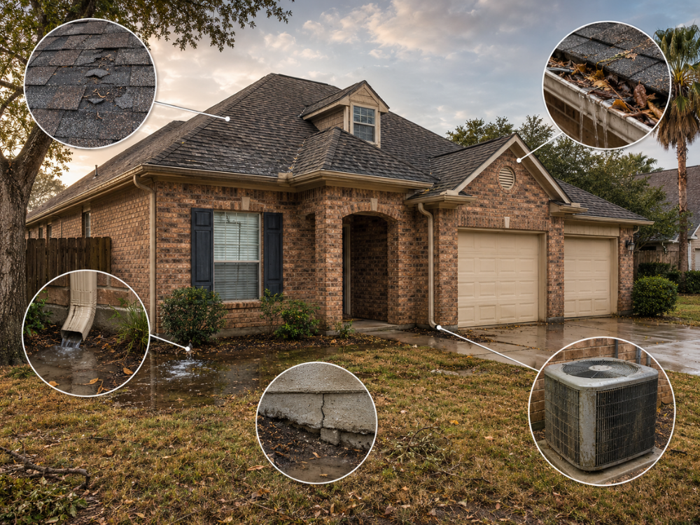Houston home inspection infographic showing roof, drainage, foundation, and AC.