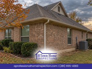 Fall home inspection in Northwest Houston, Texas, featuring roof shingles, gutters, brick exterior, foundation, and HVAC system.