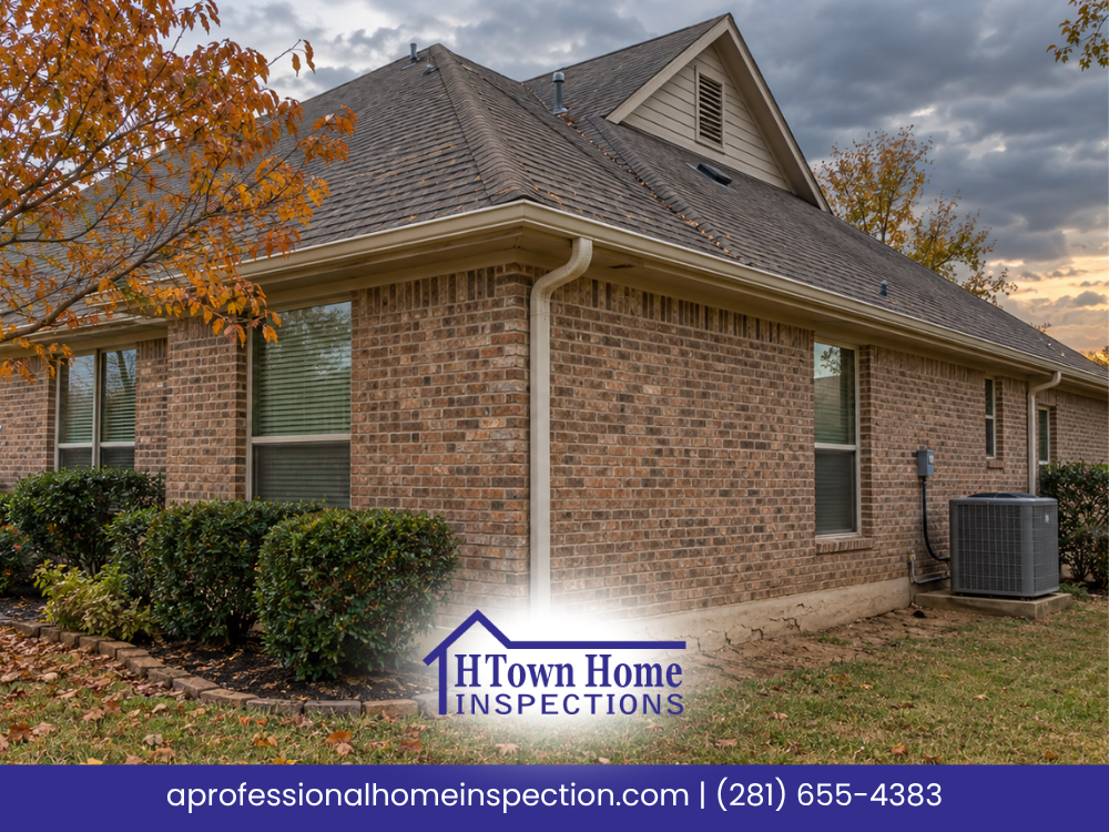 Fall home inspection in Northwest Houston, Texas, featuring roof shingles, gutters, brick exterior, foundation, and HVAC system.