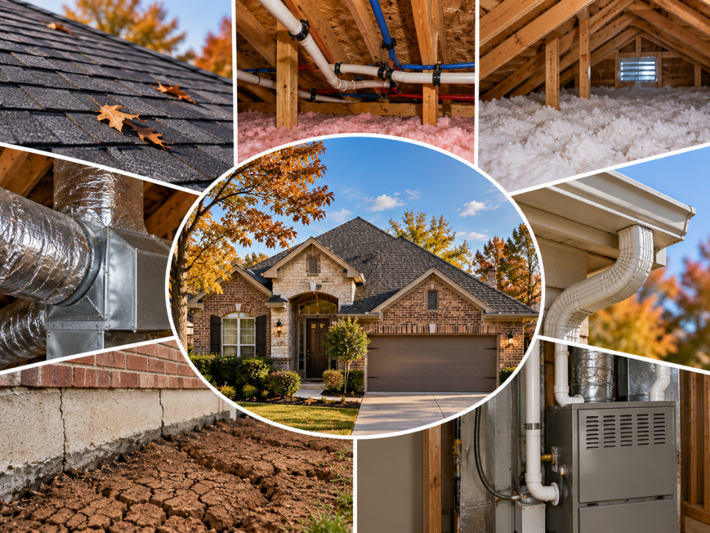 Seasonal home maintenance inspection in NW Houston covering roofing, attic insulation, plumbing, HVAC, gutters, and foundation conditions.